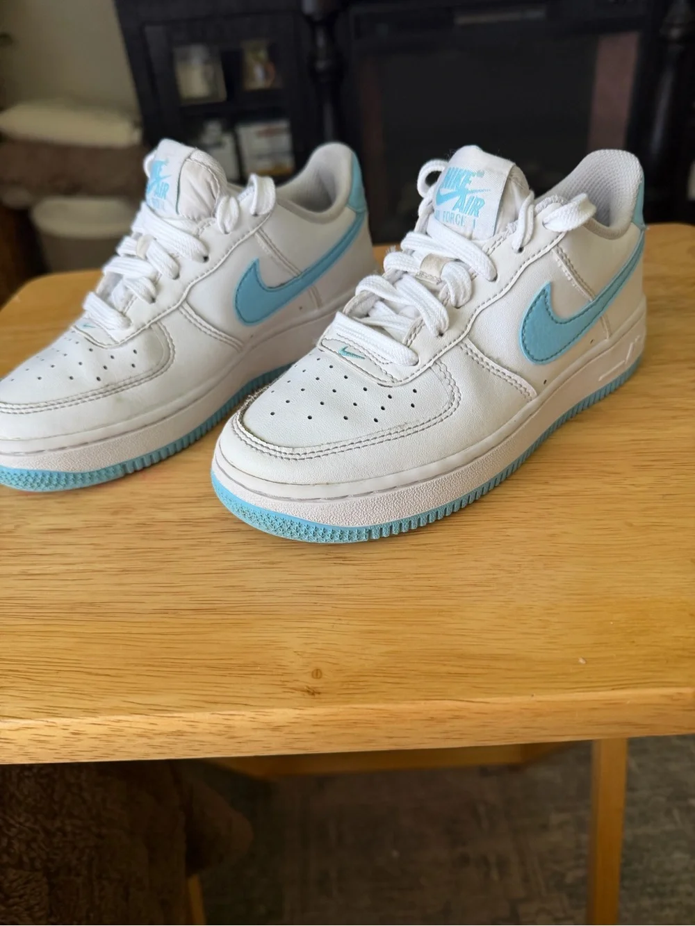 Nike Kids White Sneakers with Light Blue Swoosh